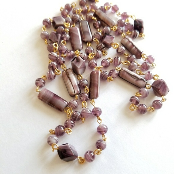 Relisted-Vintage Vintage lavender flapper bead necklace long gold - Picture 3 of 7